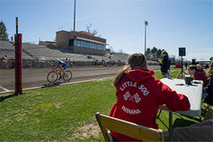 An IU Student Foundation member helps with time trials for the Little 500 race.